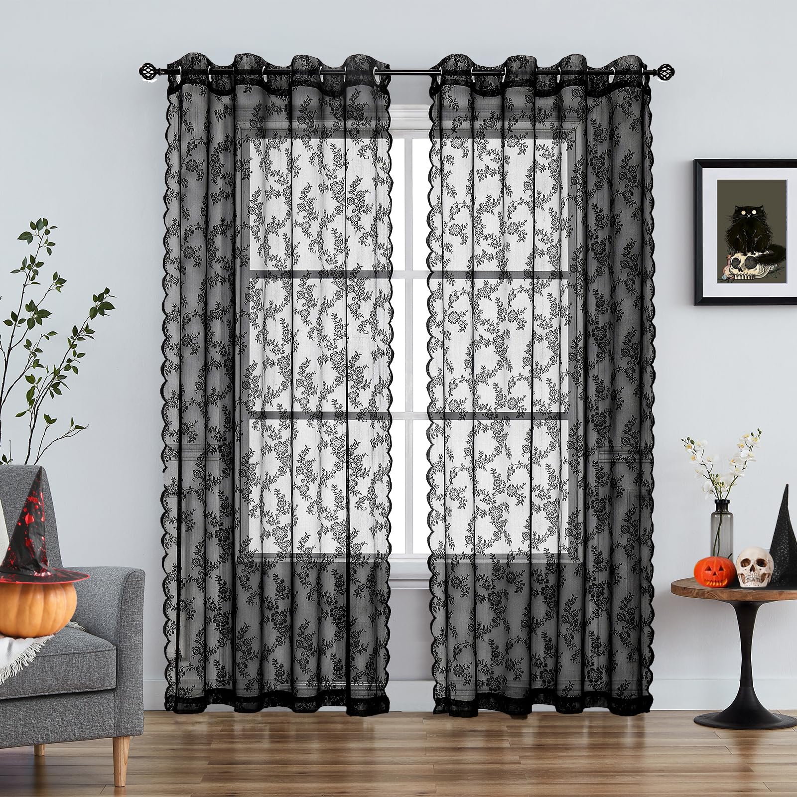 フリルレースカーテン　蝶、花柄（薔薇）黒色　２枚 フリルレースカーテン蝶と花柄（薔薇）黒色2枚